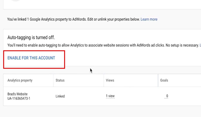  لینک کردن گوگل آنالیتیکس به گوگل ادوردز - گزینه Enable For This Account
