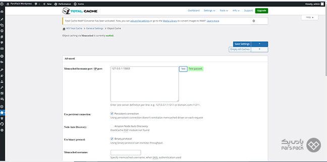 صفحه تست فعال سازی Memcached روی وردپرس