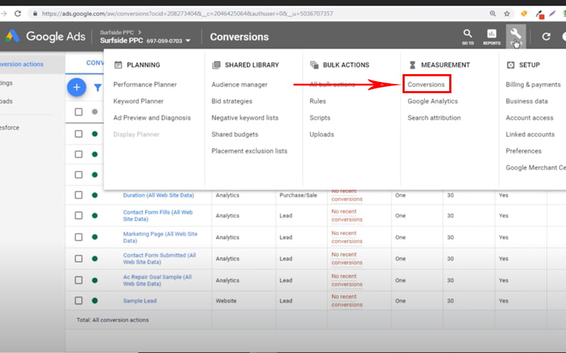 conversion tracking چیست - از بخش Measurement گزینه conversion