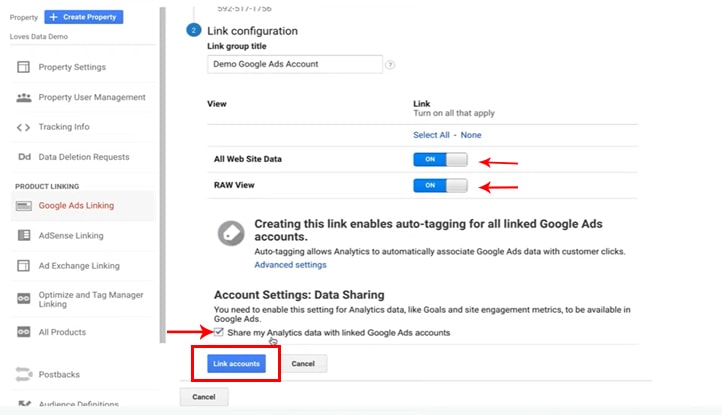  لینک کردن گوگل آنالیتیکس به گوگل ادوردز - گزینه‌های  All Website Data و RAW view