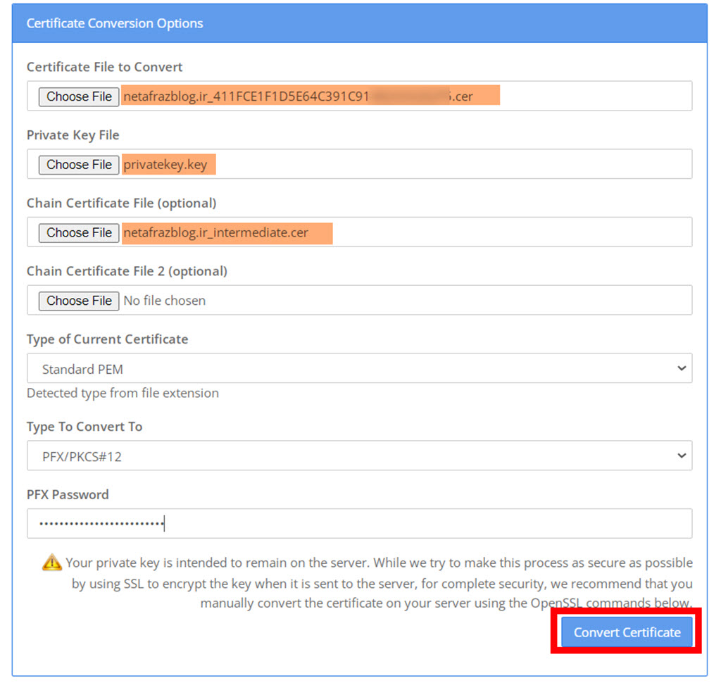 نحوه تبدیل گواهینامه SSL به فایل pfx