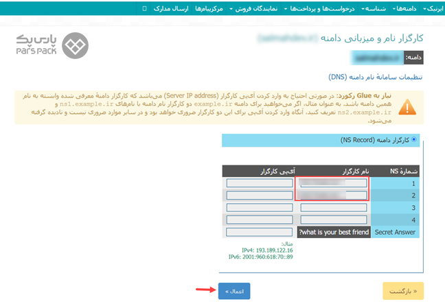 واردکردن DNS هاست در ایرنیک