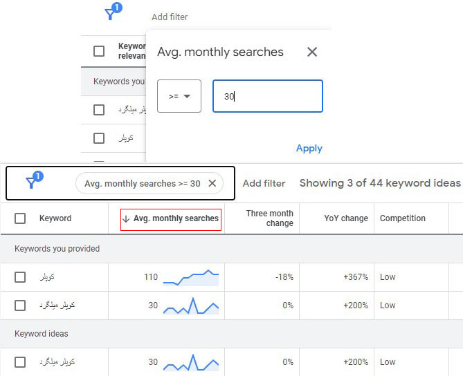 فیلتر سرچ ماهانه کیورد پلنر گوگل ادز