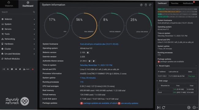 اطلاعات داشبورد webmin