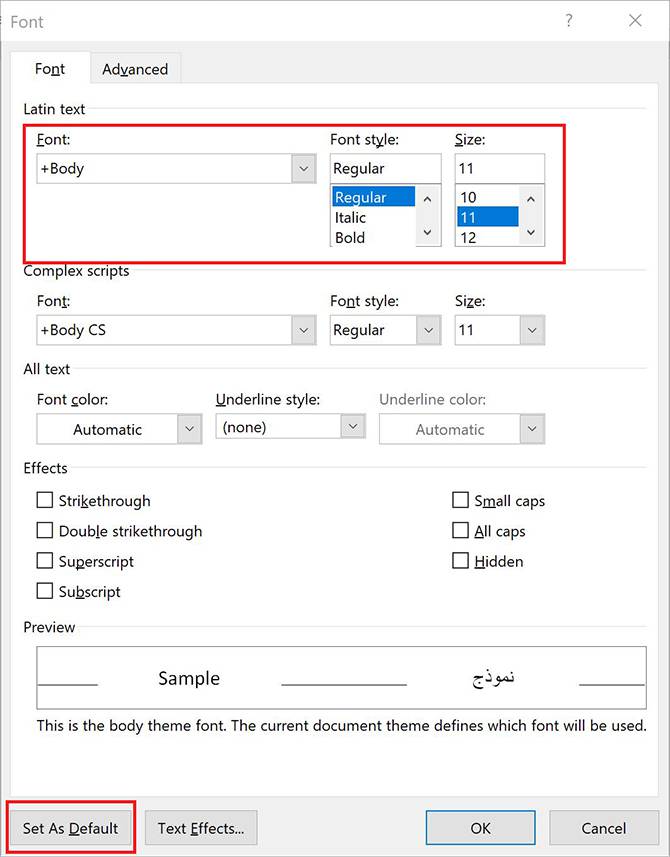 تنظیم فونت پیشفرض در ورد