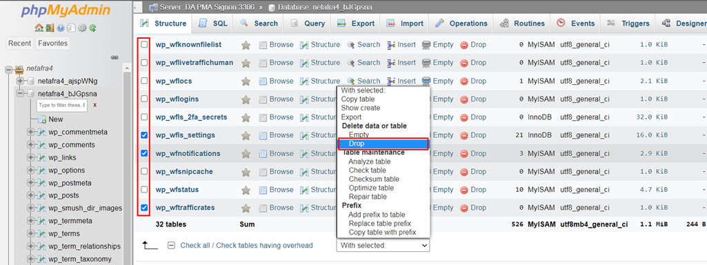 حذف گروهی table ها در phpmyadmin