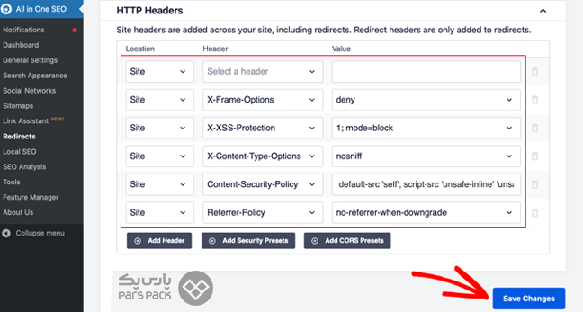 شخصی‌سازی تنظیمات هدرهای امنیتی HTTP تنظیم‌شده در افزونه All in One SEO