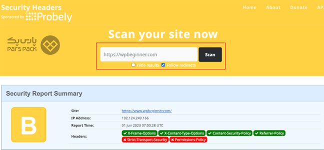 بررسی هدرهای امنیتی اضافه شده سایت با سایت Security Headers