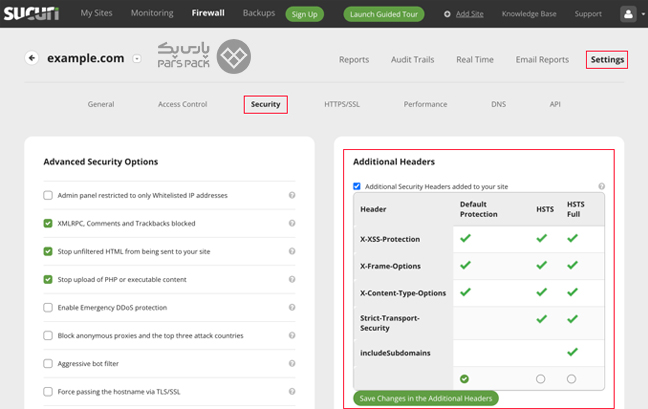 ورود به بخش Security افزونه Sucuri برای افزودن هدرهای امنیتی