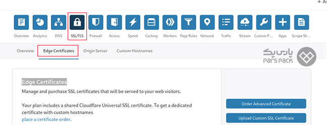 انتخاب گزینه Edge Certificates در داشبورد کلودفلر