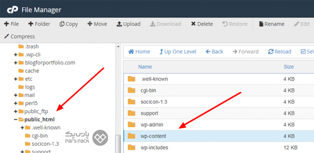 در فایل منیجر سی پنل روی گزینه wp-content بزنید
