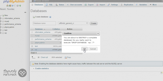 صفحه تایید حذف پایگاه داده در PhpMyAdmin از روی لوکال هاست