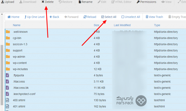 انتخاب تمامی فایل‌ها و کلیک روی گزینه Delete برای حذف شدن