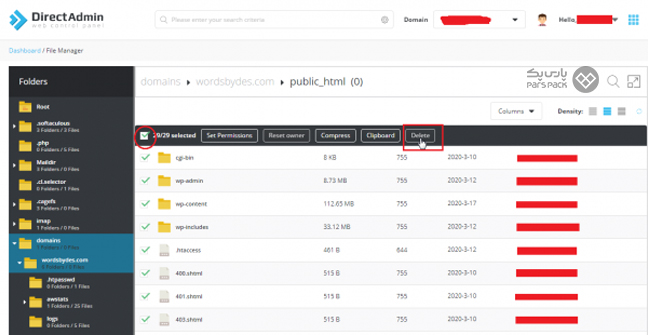انتخاب تمام فایل‌های پوشه wp-content و کلیک روی گزینه Delete