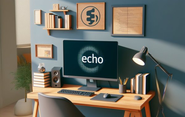 مانیتوری بزرگ با صفحه مشکی که کلمه echo در مرکز صفحه آن نمایش داده می‌شود - echo در PHP