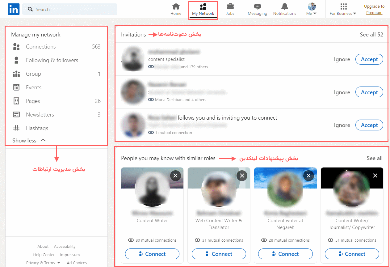 بخش های مختلف my network در لینکدین
