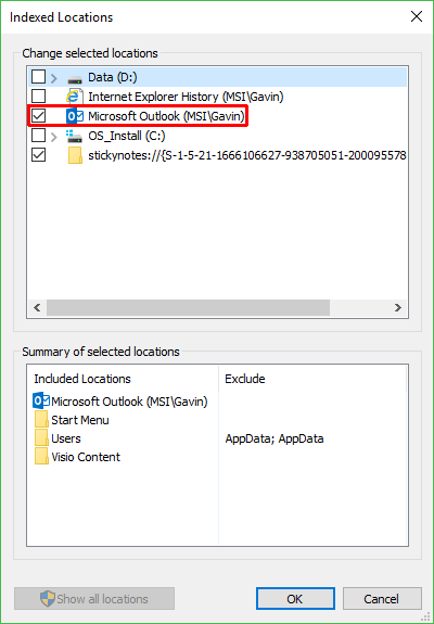 Outlook Indexing Location