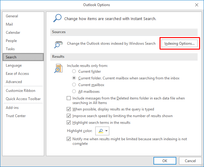 Outlook Indexing Options
