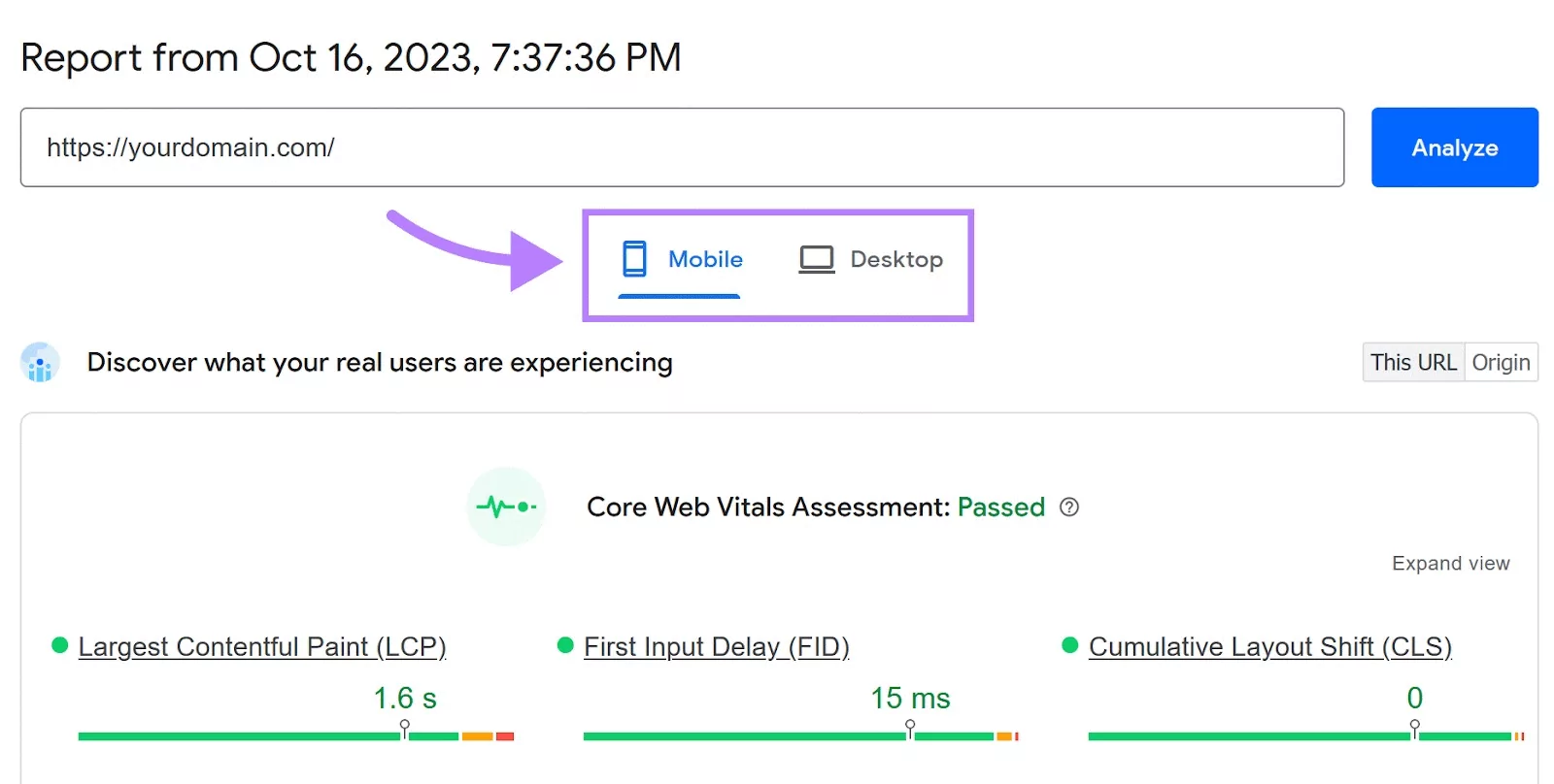 بخش تنظیم گزارش Pagespeed Insights روی موبایل و دسکتاپ