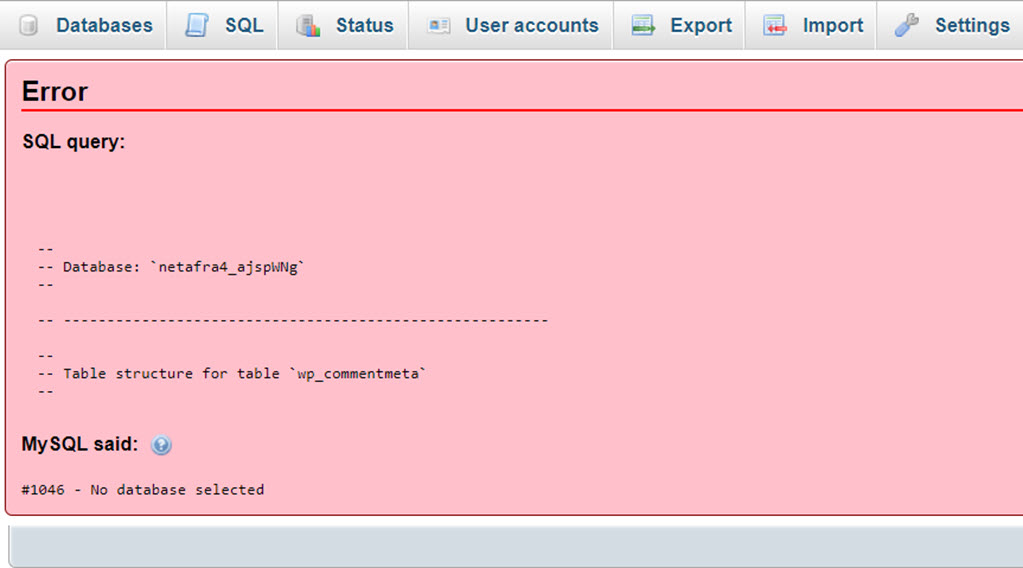 خطای 1046 در phpmyadmin