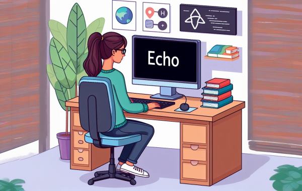 برنامه‌نویس نشسته پشت مانیتوری که کلمه Echo در مرکز صفحه آن نمایش داده می‌شود - echo در PHP