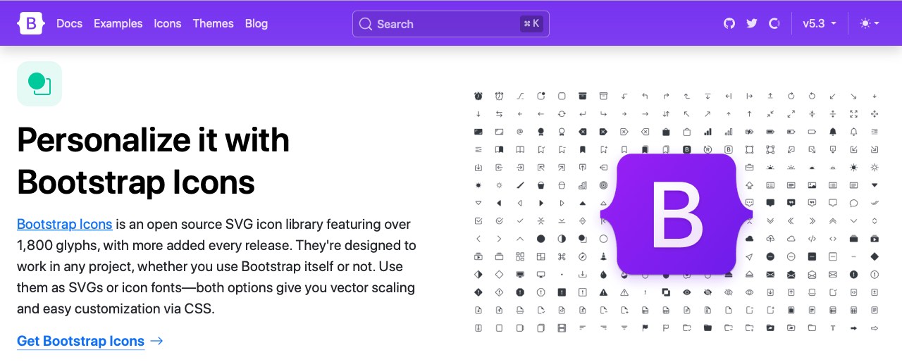 اسکرین شات از صفحه خانه بوت استرپ که پکیج آیکون‌های بوت استرپ را نشان می‌دهد. 