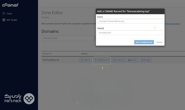 انتخاب گزینه +CNAME و واردکردن نام رکورد جدید را در فیلد اول و دامنه مرتبط را در فیلد دوم بدون 