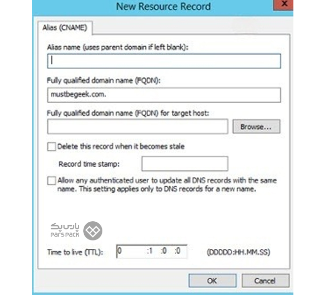 واردکردن مشخصات در فیلدهای ایجاد رکورد CNAME