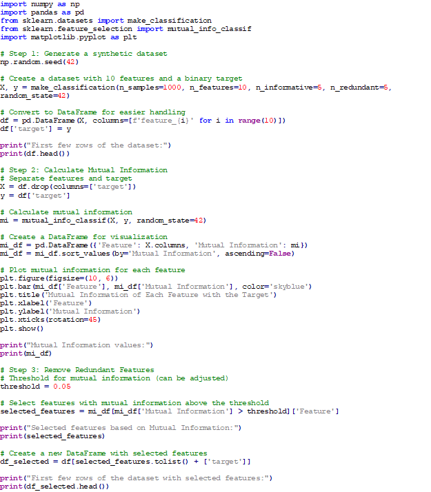 قطعه کد Mutual Information در پیش‌پردازش داده‌ها