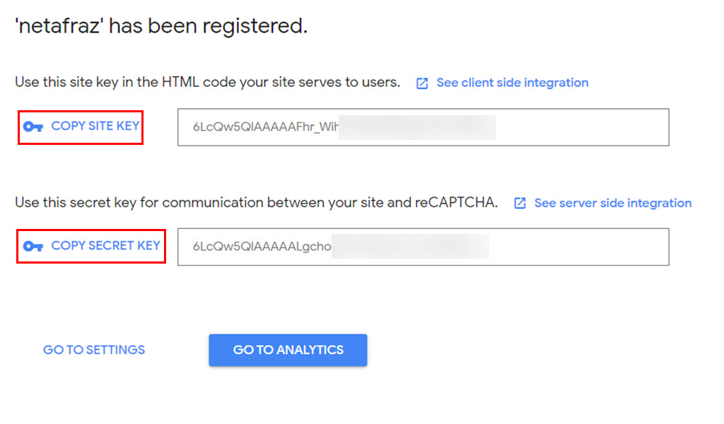 کلیدهای site و secret گوگل recaptcha