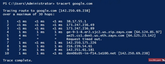 مرحله چهارم اجرای Traceroute در ویندوز