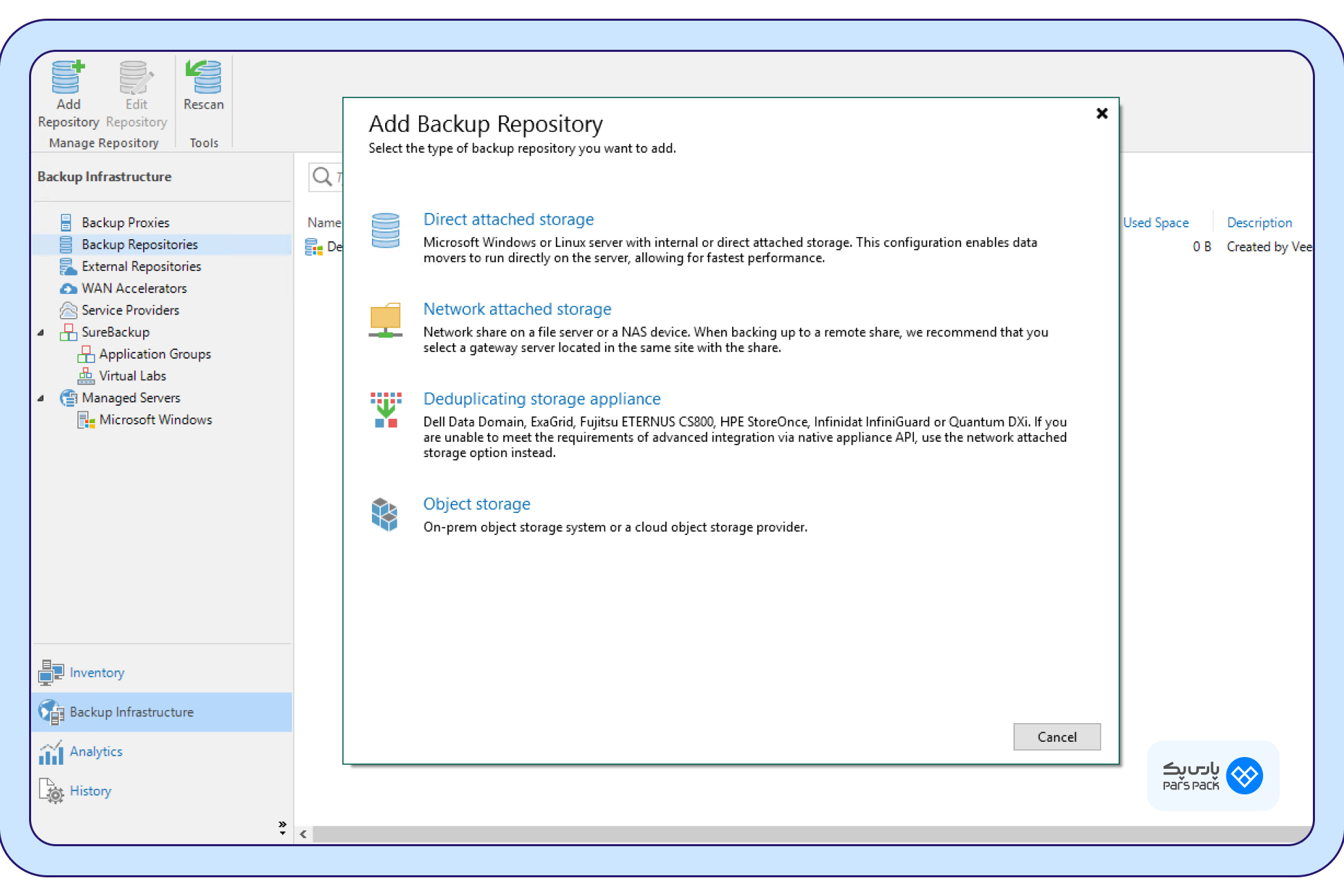 انتخاب Add backup repository برای راه اندازی veeam backup